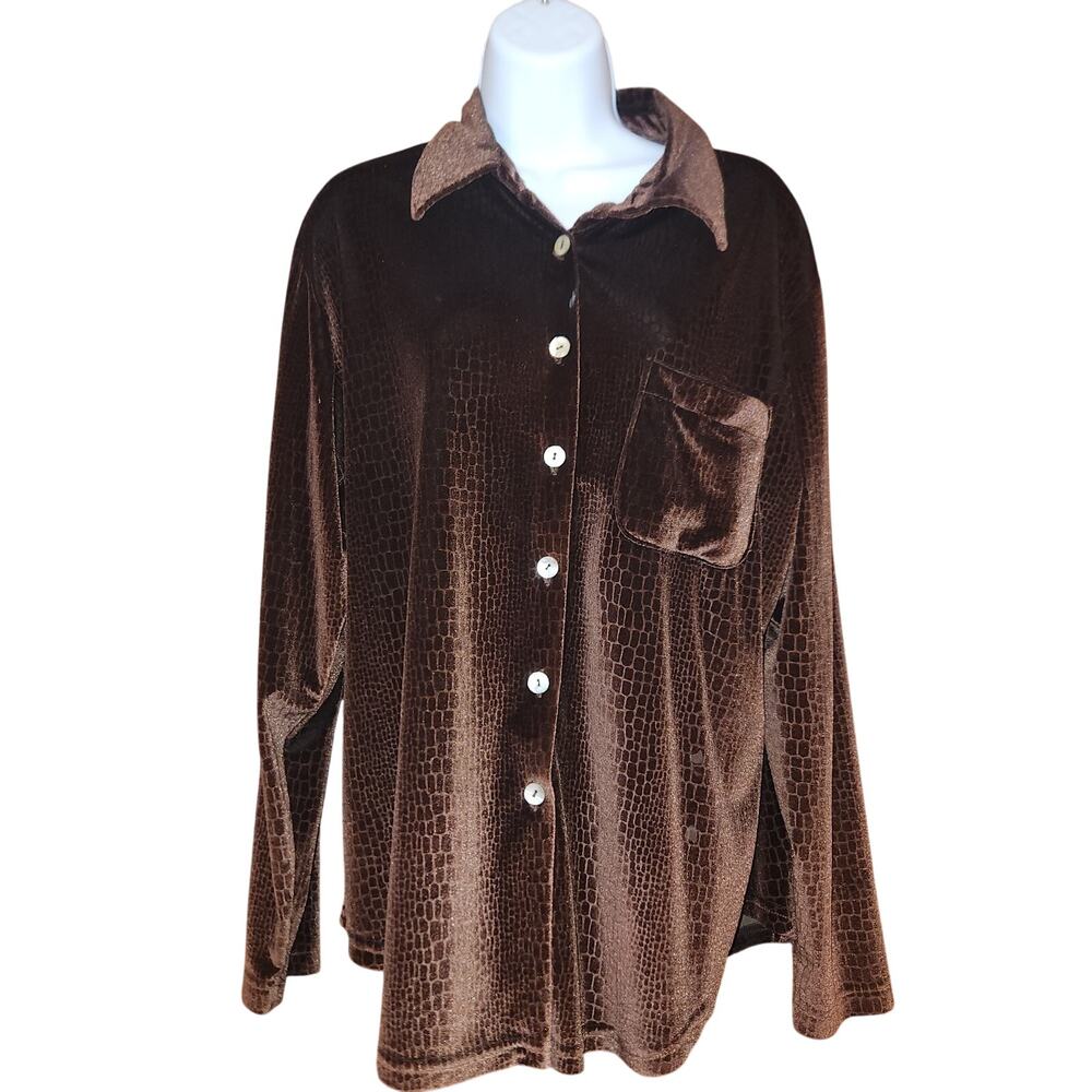 Vintage Toto n Ko Brown Velvet Cheetah Button Up Top Long Sleeves Sz Med